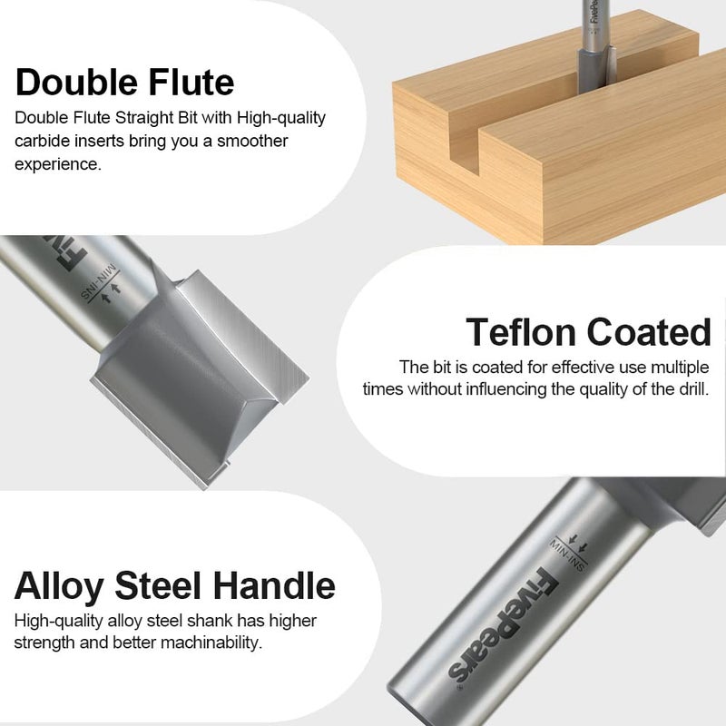 FIVEPEARS Straight Router Bits 1/2 Inch Shank Double Flute, 3/4 Inch Cutting Diameter, 3/4 Inch Cutting Length, Used for Create Groove, Dado or Hollow - Image 4